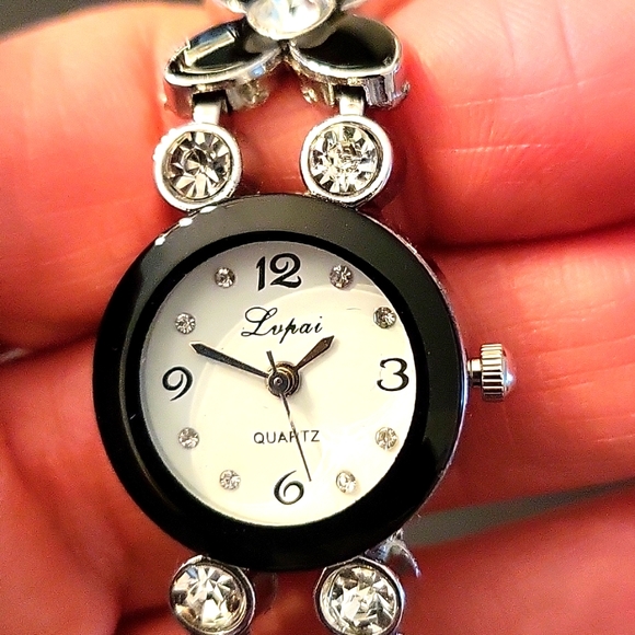 Floral Silver-tone & Black Enamel Watch with Sparkling Crystals! - Picture 3 of 14